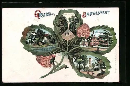 Passepartout-Lithographie Barmstedt, Chaussee nach Vossloch, Brauerei Ranzau und Kriegerdenkmal