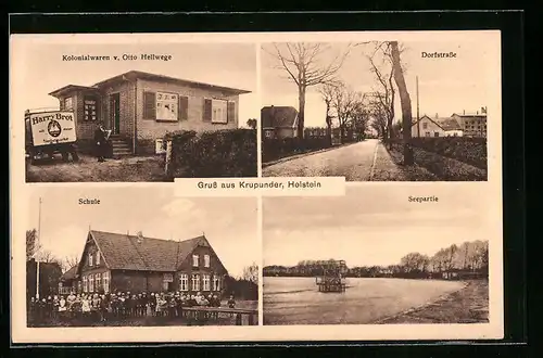 AK Krupunder i. Holst., Kolonialwaren Otto Hellwege, Schule mit Kindern, Dorfstrasse und Seepartie