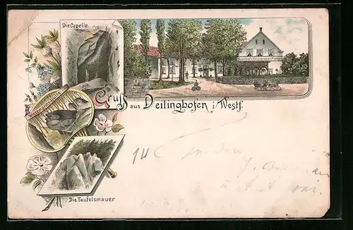 Lithographie Deilinghofen i. Westf., Die Kapelle, Gasthof zum Felsenmeer, Wiesemannshütte und Teufelsmauer