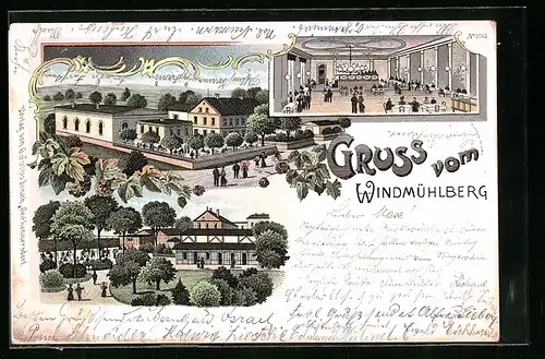 Lithographie Seifhennersdorf, Gasthaus Windmühlberg mit Innenansicht