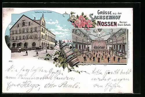 Lithographie Nossen, Hotel Sachsenhof mit Innenansicht des Tanzsaals