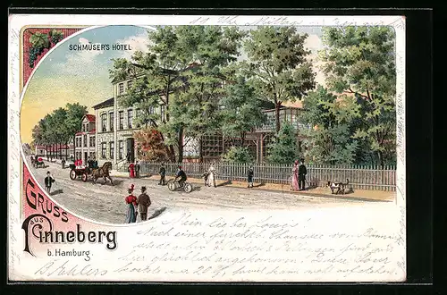 Lithographie Pinneberg, Schmüsers Hotel, Flaneure und Kutsche