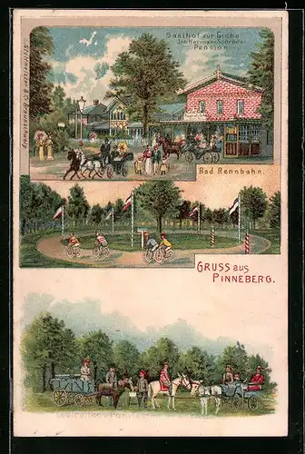 Lithographie Pinneberg, Gasthof zur Eiche von Hermann Schröder, Rad Rennbahn