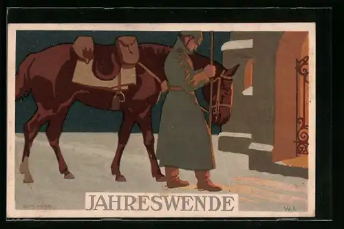 Künstler-AK W.I.: Jahreswende, Kavallerist mit seinem treuen Pferd im Schnee