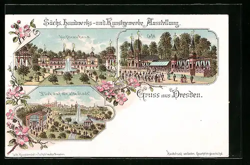 Lithographie Dresden, Sächs. Handwerks- und Kunsgewerbe Ausstellung, Hofbrauhaus, Café