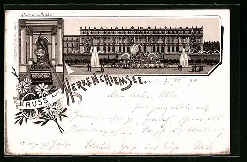 Vorläufer-Lithographie Herrenchiemsee, Neues Schloss, Pfauenvase im Vestibül, 1894