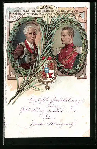 Lithographie Regensburg, Fürst Alexander Ferdinand und Fürst Albert von Thurn & Taxis, Wappen
