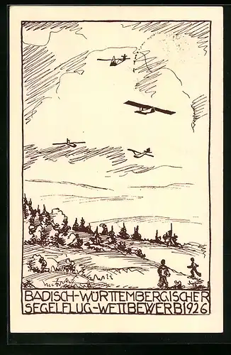 Künstler-AK Ganzsache PP81C12 /01: Badisch-württembergischer Segelflugwettbewerb 1926, Segelflugzeuge und Beobachter