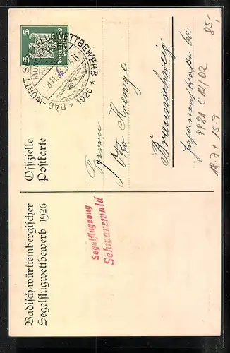 Künstler-AK Ganzsache PP81C12 /01: Badisch-württembergischer Segelflugwettbewerb 1926, Segelflugzeuge und Beobachter
