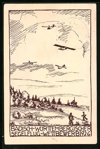 Künstler-AK Ganzsache PP81C12 /02: Badisch-württembergischer Segelflugwettbewerb 1926, Segelflugzeuge in der Thermik