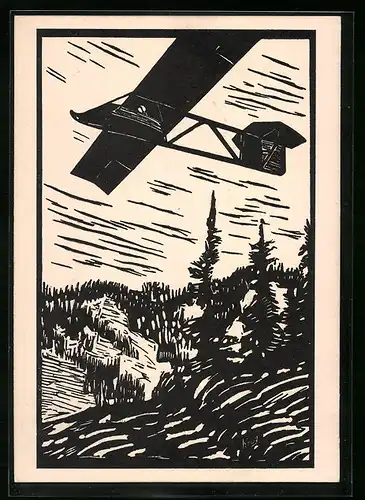 Künstler-AK Mühlhausen, Badisch-württembergischer Segelflugwettbewerb 1927, Segelflugzeug in der Thermik