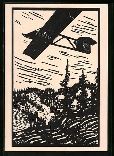 Künstler-AK Mühlhausen, Badisch-württembergischer Segelflugwettbewerb 1927, Segelflugzeug über Hügeln