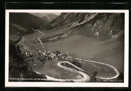 AK Stuben, Blick von der Flexenstrasse auf die Arlbergstrasse, Stuben und Silvrettagruppe