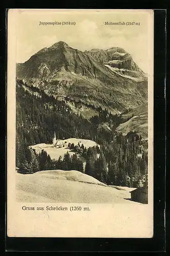 AK Schröcken, Blick zum Ort mit Juppenspitze und Mohnenfluh