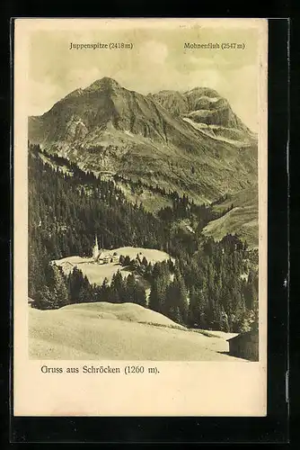 AK Schröcken, Blick von einem Berg zum Ort mit Juppenspitze und Mohnenfluh