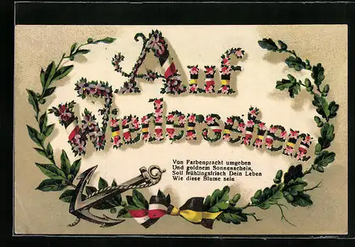 AK Auf Wiedersehen aus Blumen gemacht mit Anker und Eichenlaub