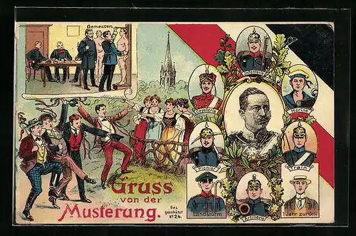 AK Gruss von der Musterung, Männer beim Abschied von Geliebten