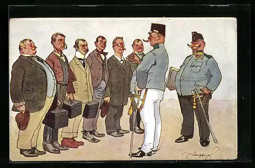 Künstler-AK Fritz Schönpflug: Offizier belehrt Männer in zivil mit Koffern