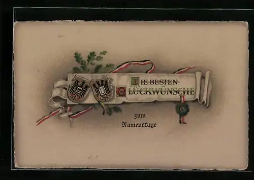 AK Glückwünsche zum Namenstag, Wappen, Eichenlaub und Schleifenband