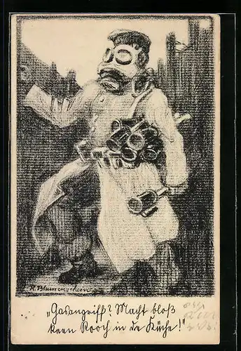 Künstler-AK Soldat mit Gasmaske und Handgranaten im Schützengraben