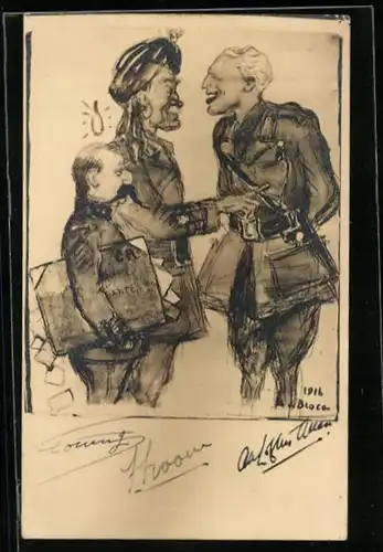 Künstler-AK Karikatur von Soldaten im Gespräch