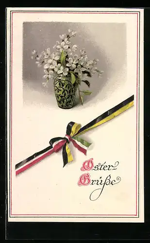 AK Ostergrüsse mit Blumen in einer Vase und Fahnenbänder vom Zweibund