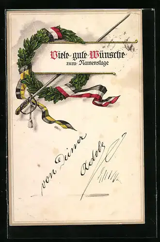 AK Wünsche zum Namenstag, Kranz mit Schleifen der Farben vom Zweibund