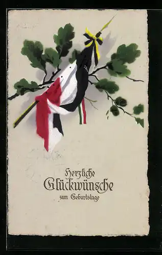 AK Glückwünsche zum Geburtstag, Kriegsflagge mit Eichenlaub an einem Zweig