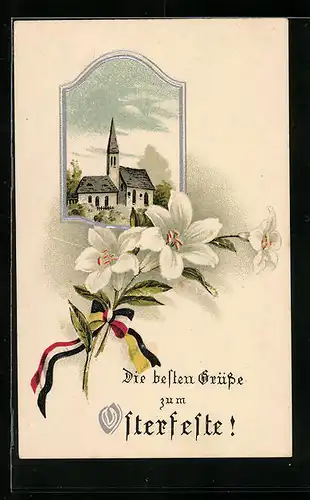 Präge-AK Beste Grüsse zum Osterfest, Kirche mit Schleifenband an Blumen