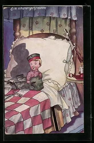 AK Kleiner Junge näht seine Uniform im Bett, Kinder Kriegspropaganda