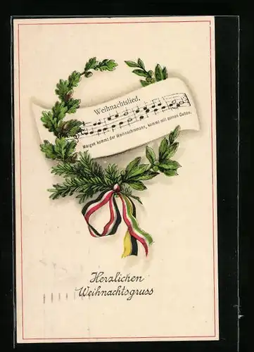 AK Herzlichen Weihnachtsgruss, Weihnachtslied mit grünen Kranz mit Schleifenband