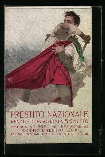 AK Prestito Nationale - Rendita Consolidata 5% Netto, italienischer Soldat mit Fahne, Kriegsanleihe