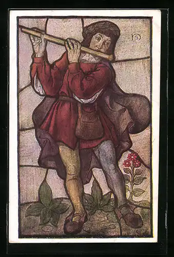 Künstler-AK Heinz Schiestl: Junger Mann spielt Querpfeife