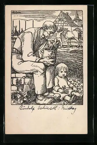 Künstler-AK Rudolf Schiestl: Vater mit Kleinkind beim Mittag