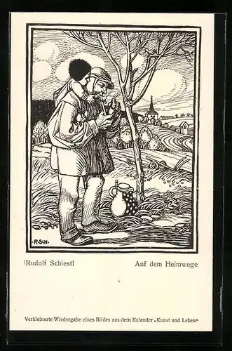 Künstler-AK Rudolf Schiestl: Vater mit Kind auf dem Heimwege