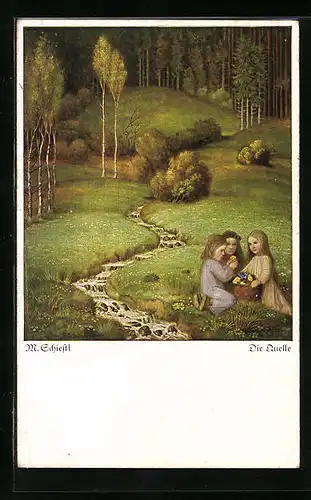 Künstler-AK Matthäus Schiestl: Die Quelle - Mädchen auf der Wiese