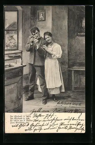 Künstler-AK Charles Scolik: Junges Paar im Haus, Mann beim Einfadeln