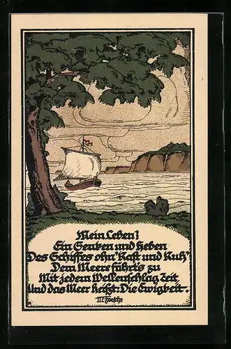 Steindruck-AK Segelschiff auf dem Wasser mit Spruch von M. Feesche