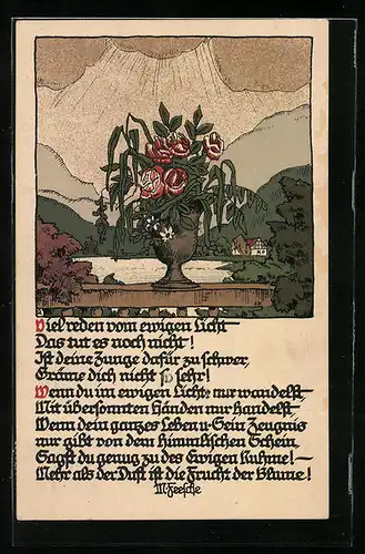Steindruck-AK Vase mit Blumen auf einem Geländer stehend - mit Spruch von M. Feesche