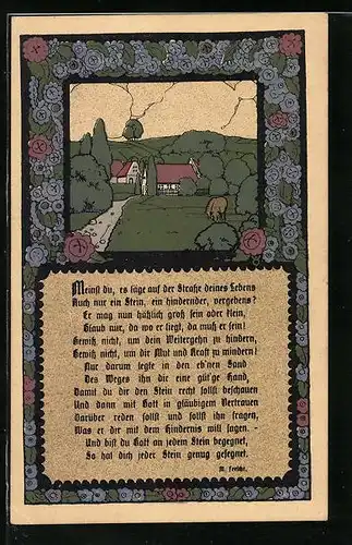 Steindruck-AK Ortsansicht mit Spruch von M. Feesche