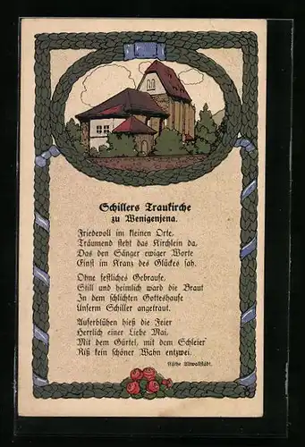 Steindruck-AK Wenigenjena, Schillers Traukirche mit Spruch von Käthe Altwallstädt