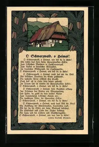 Steindruck-AK Schwarzwaldhaus mit Spruch O Schwarzwald, o Heimat !