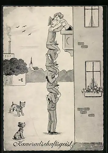 Künstler-AK Kameradschaftsgeist, Soldaten der Bundeswehr helfen ihrem Kameraden als Leiter zu seiner Geliebten