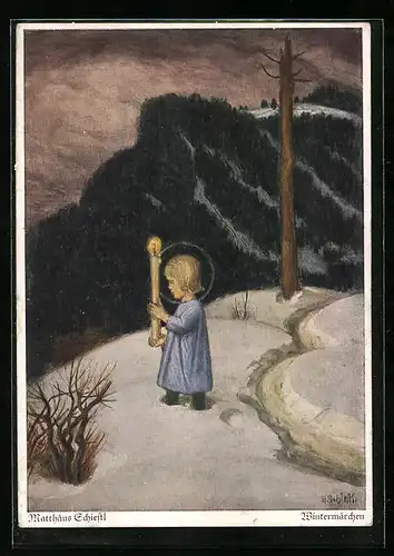 Künstler-AK Matthäus Schiestl: Wintermärchen - Christkind mit Kerze
