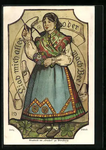 Künstler-AK Heinz Schiestl: Glasbild in der ältesten Weinstube Würzburgs Zum Stachel - Frau in Tracht