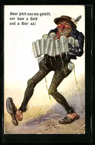 Künstler-AK Ernst Schlemo: Mann mit vielen Bierkrügen