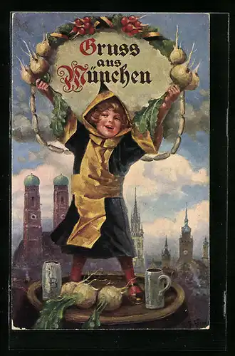 Künstler-AK Ernst Schlemo: München, Münchner Kindl auf einem Bierfass stehend