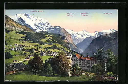 AK Wengen, Gesamtansicht mit Jungfrau, Grosshorn und Breithorn