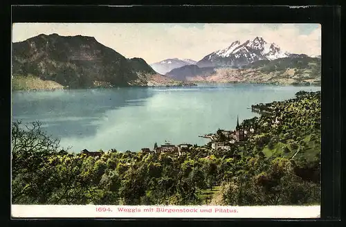 AK Weggis, Totalansicht mit Bürgenstock und Pilatus