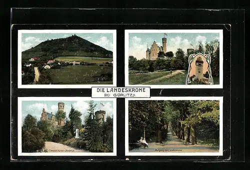 AK Görlitz, Vier Ansichten Landeskrone und Theodor Körner-Denkmal